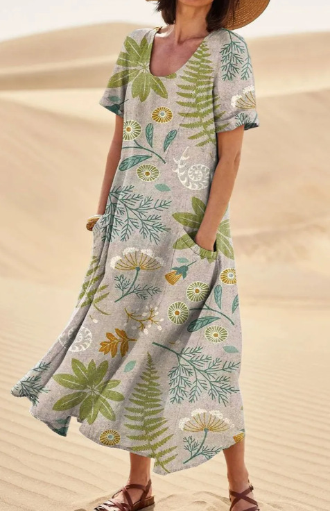 Women's Short-Sleeved Printed Long Dress