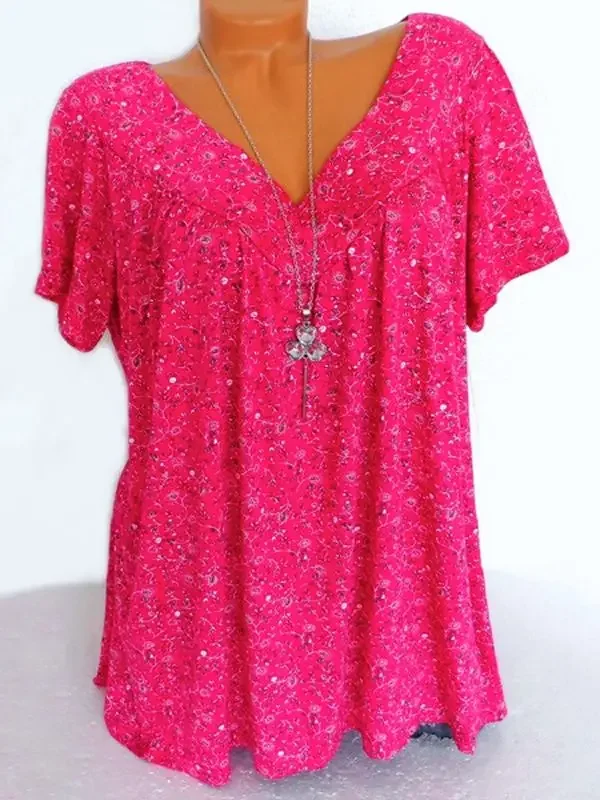 Women's Summer V-neck Loose Short-sleeved Printed T-shirt