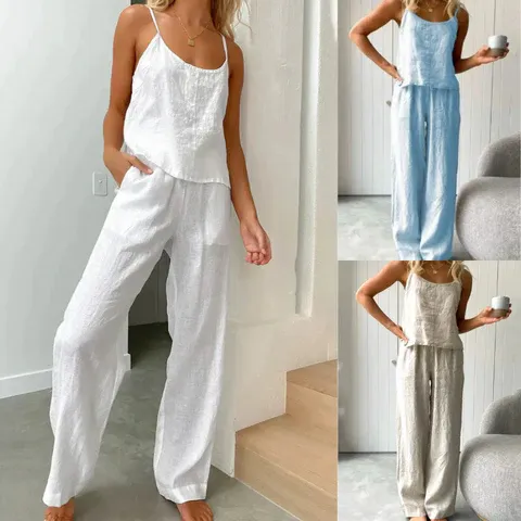 Women's casual sleeveless top and pants cotton and linen set