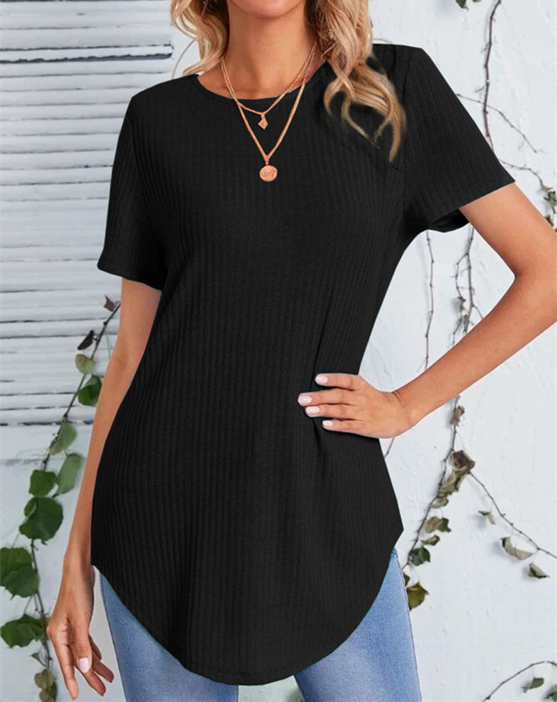 Buttoned Back Rib-knit Curved Hem Top