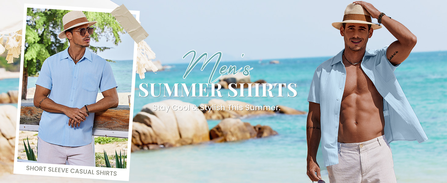 COOFANDY 男士夏季衬衫短袖休闲亚麻衬衫男士夏威夷沙滩衬衫