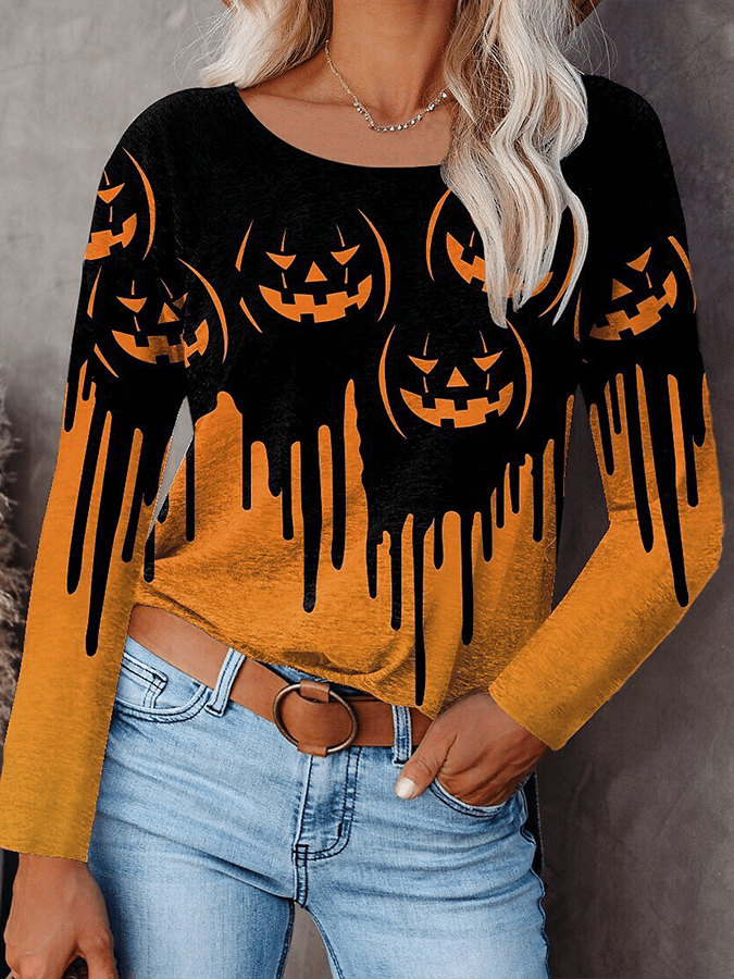Drip Grin Halloween Pumpkin Long Sleeve Tee