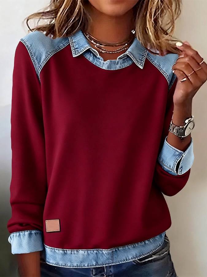 Women'S Casual Lapel Denim Stitching Pullover Sweatshirt
