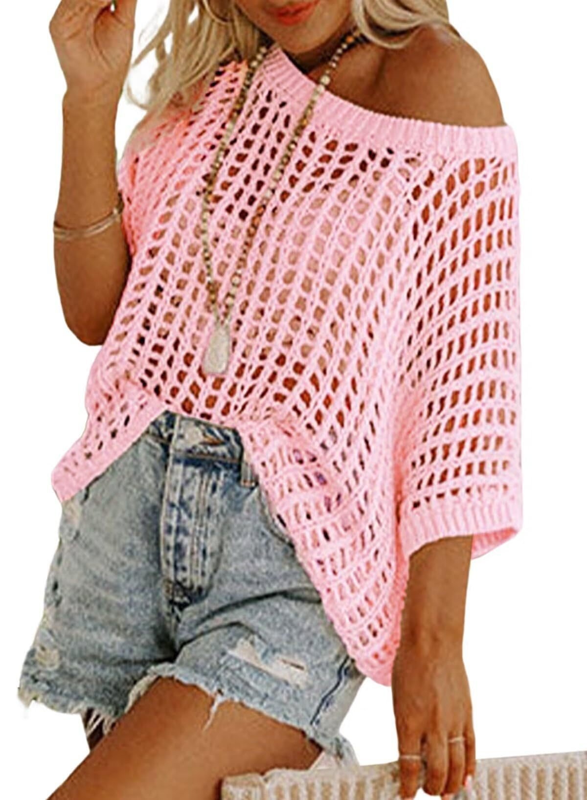 🎁 Womens Summer Scoop Neck Short Sleeve Sweater Casual Crochet Hollow Out Knit Tops Pullover Shirts Beach Coverup