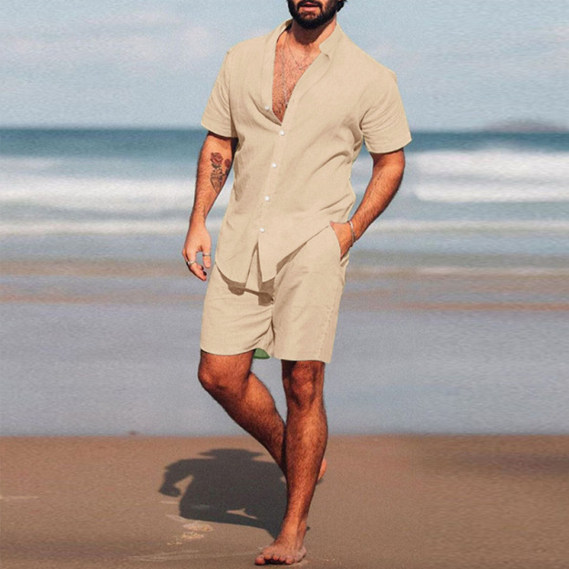 2025 summer men's new lapel short-sleeved shorts two-piece suit