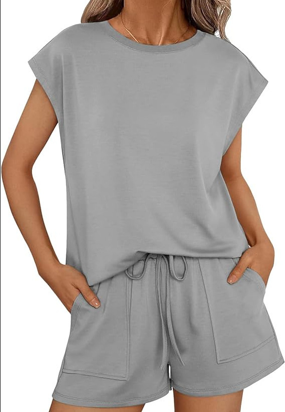 Round Neck Cap Sleeve Top and Shorts Set