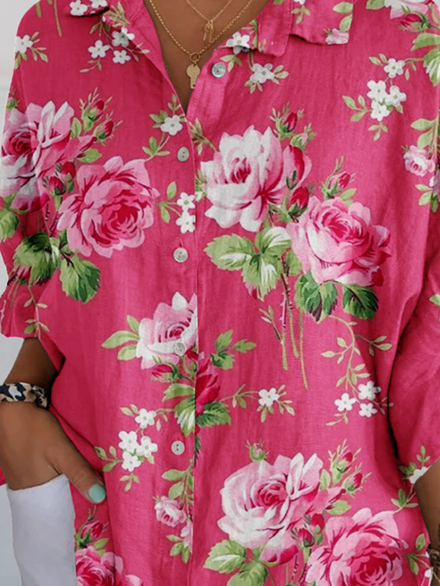 Women's Rose Floral Pattern Cotton And Linen Shirt