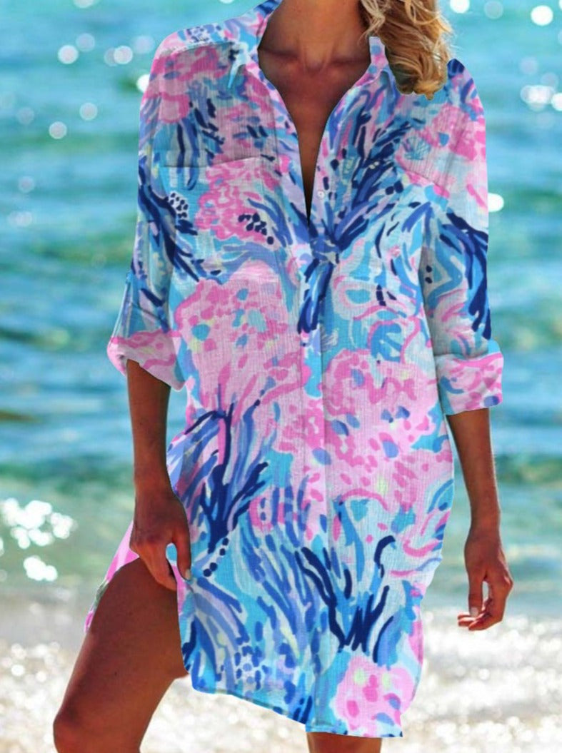Printed Long Sleeve Beach Shirt Dress