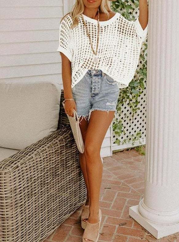 🎁 Womens Summer Scoop Neck Short Sleeve Sweater Casual Crochet Hollow Out Knit Tops Pullover Shirts Beach Coverup