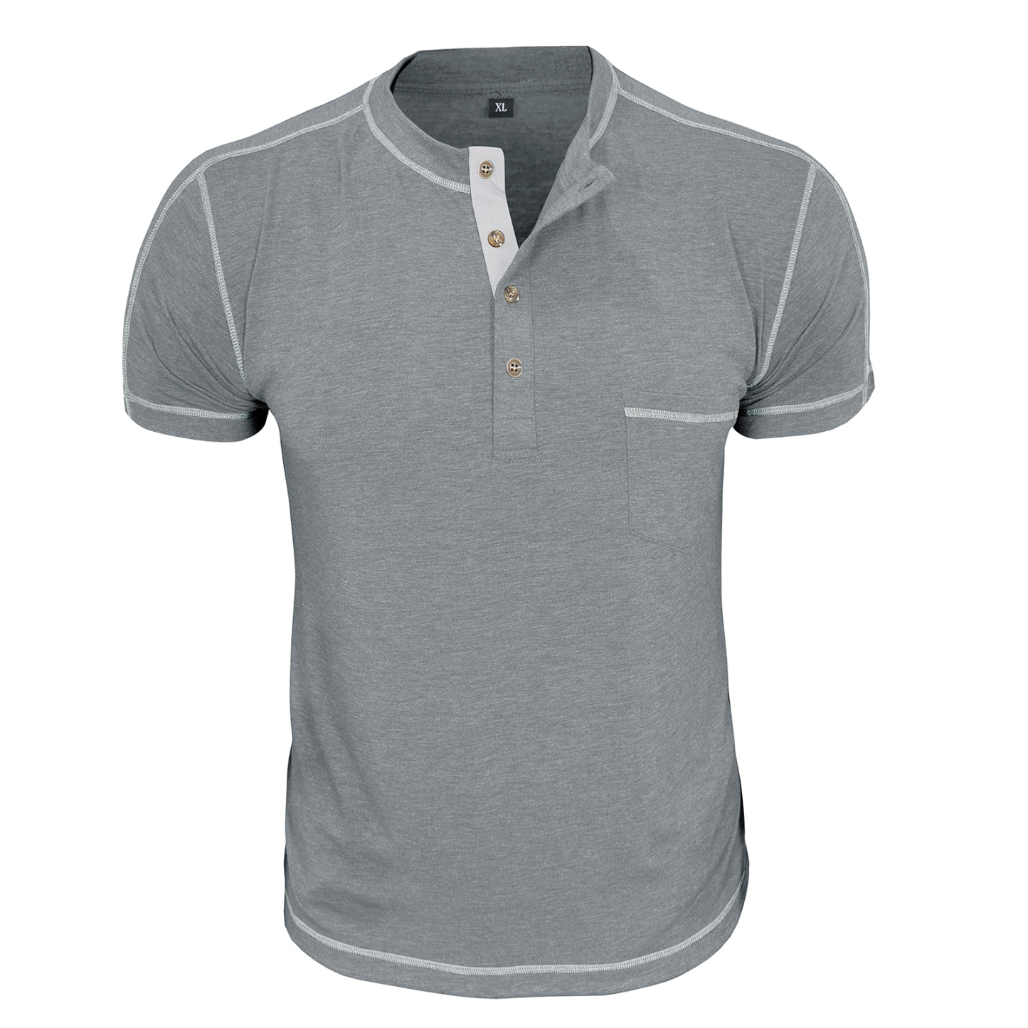 Men's Fashion Contrast-Color Short-Sleeve Henley Base Layer T-Shirt with Round Neck