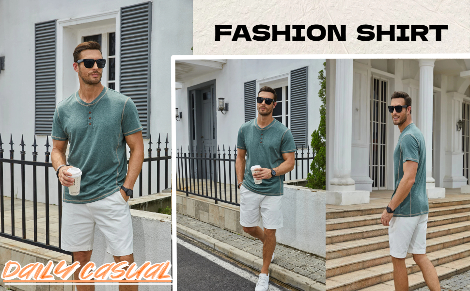 Mens Short Sleeve Button Henley Basic Tee Fashion Outfits