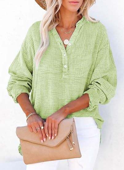 Womens Casual Button V Neck Long Sleeve Shirts Oversized Solid Blouses Tops