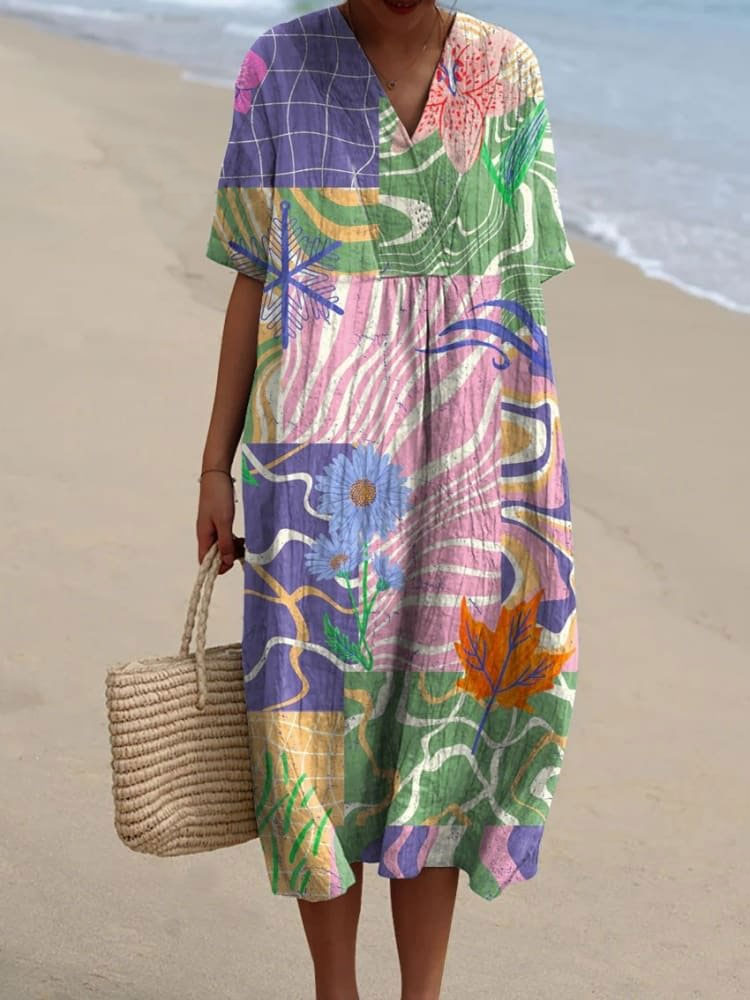 Women's Vintage Lovely Floral Art Print Flowy Dress