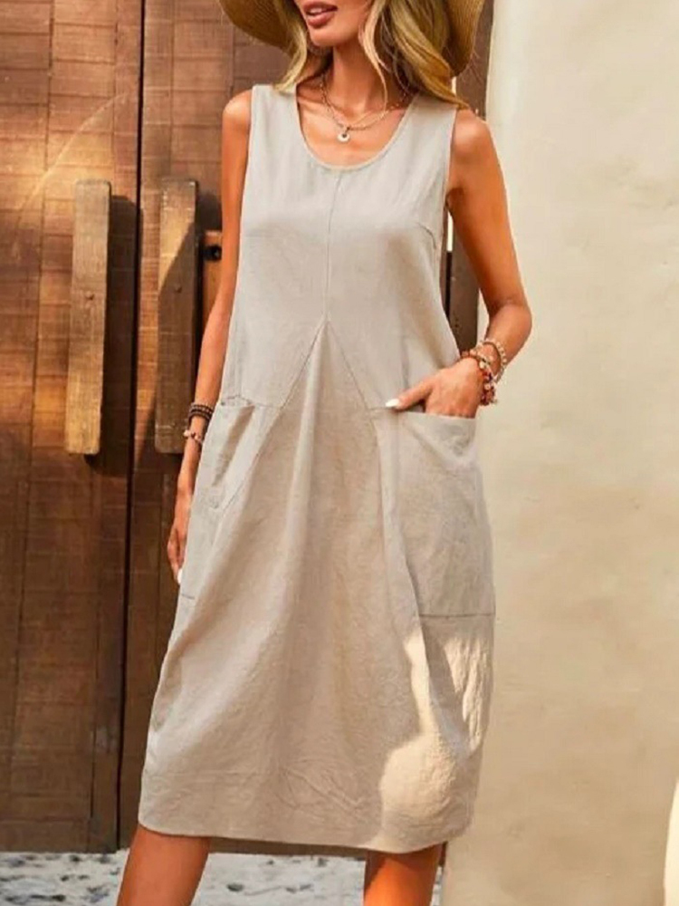 Comstylish Solid Color Patch Pocket Round Neck Sleeveless Midi Dress
