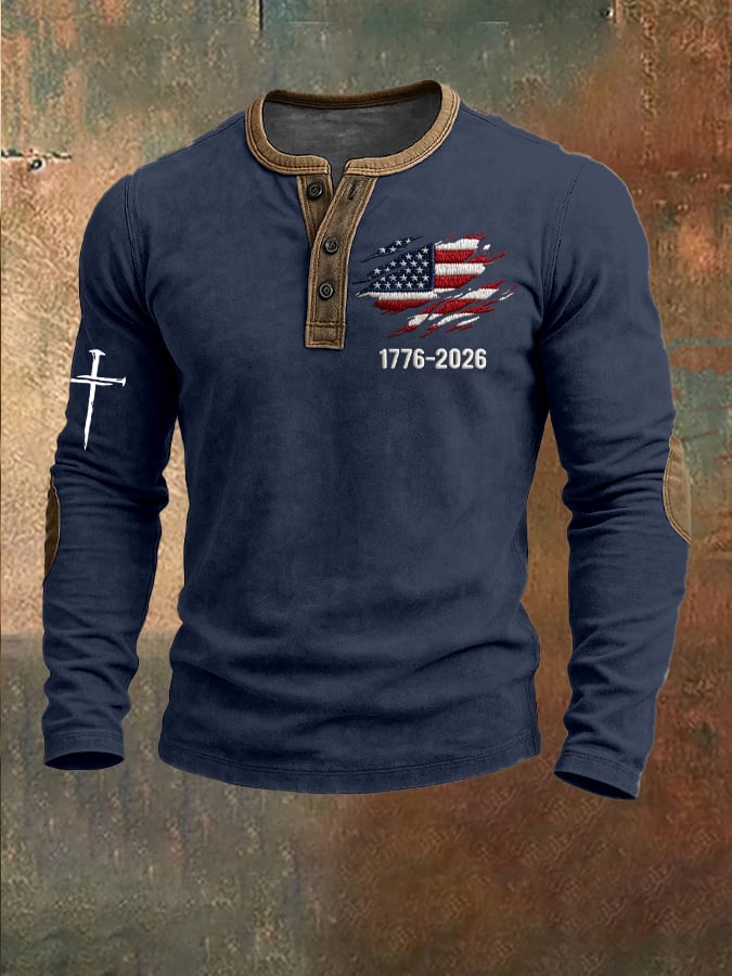 Men's US 250th Anniversary 1776-2026 Henley Collar Top – Distressed Fl