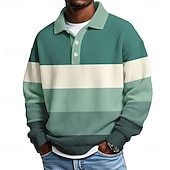 Men's Horizontal Stripes Waffle Polo Shirts Textured Long Sleeve Polo Shirts