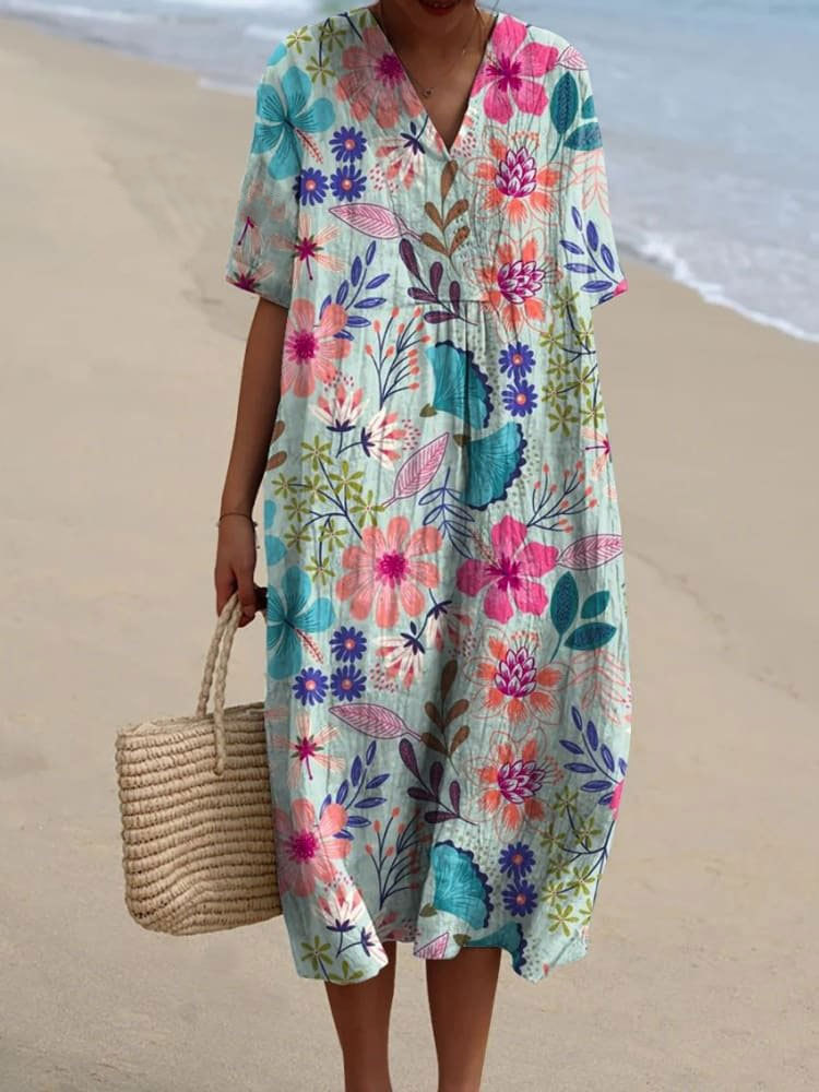 Women's Vintage Lovely Floral Art Print Flowy Dress