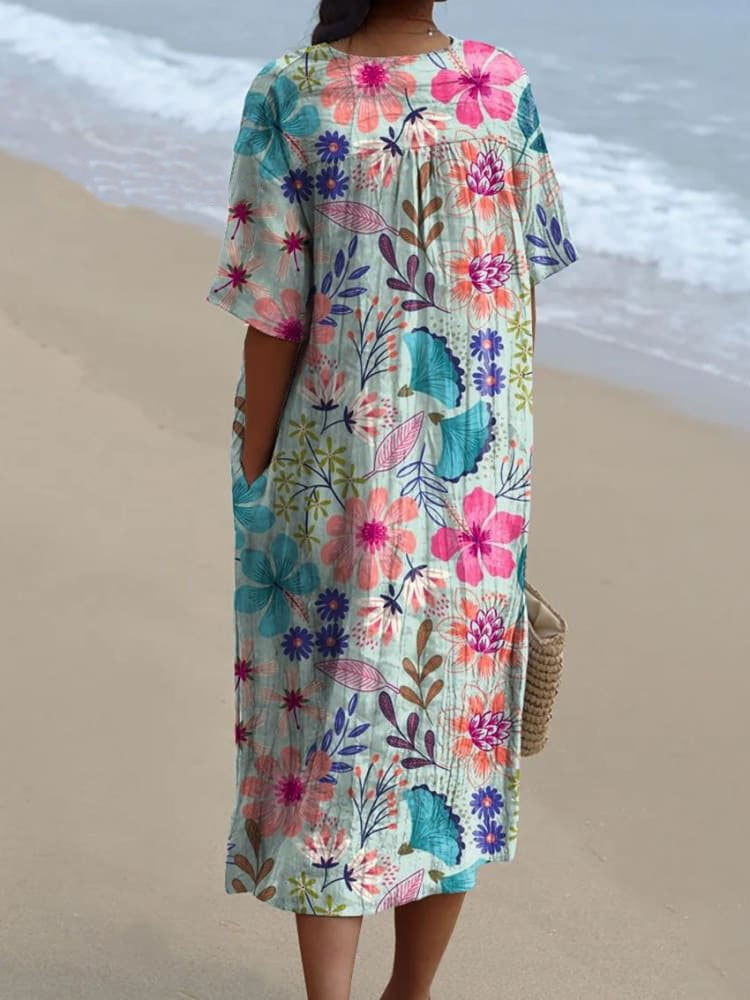 Women's Vintage Lovely Floral Art Print Flowy Dress