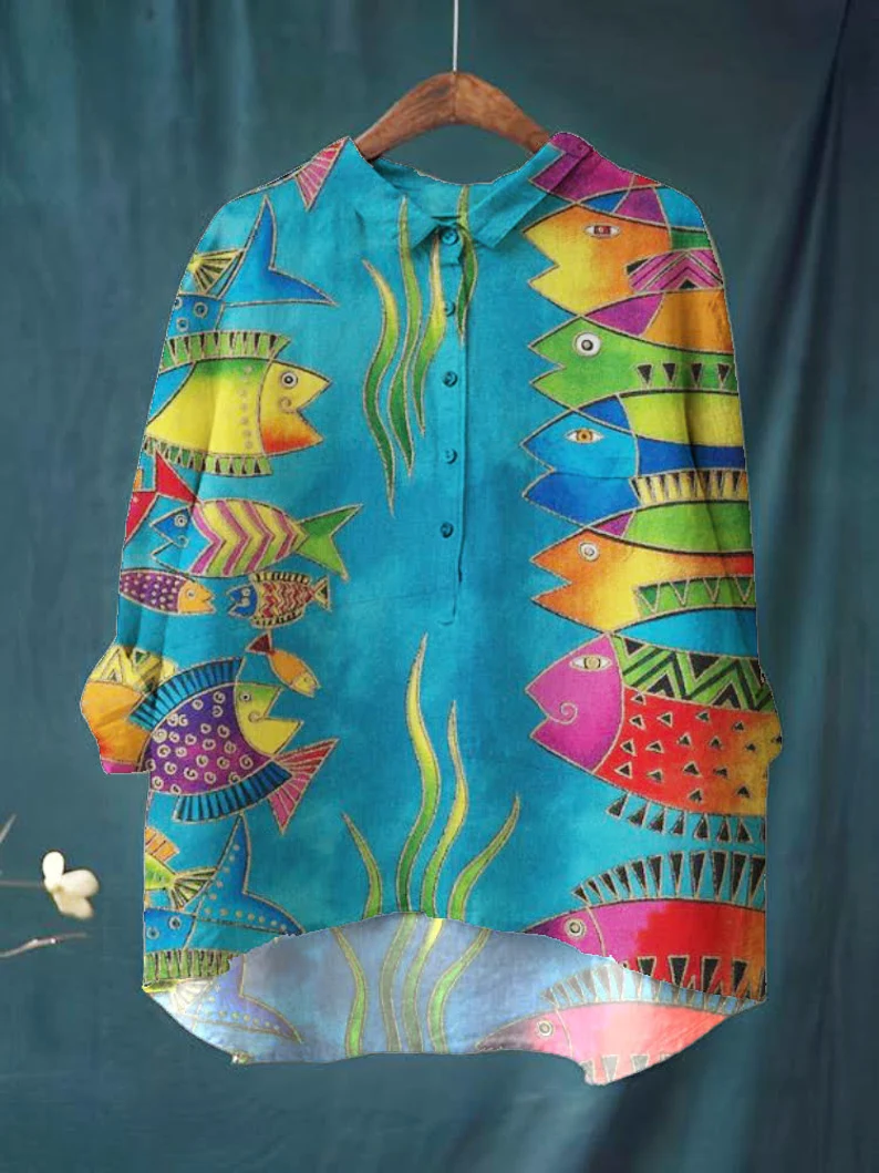 Women's Print Casual Cotton And Linen Shirt