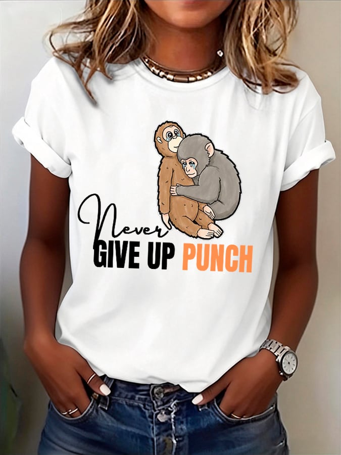 Women's Retro Baby Monkey Punch Never Give Up Print T-shirt