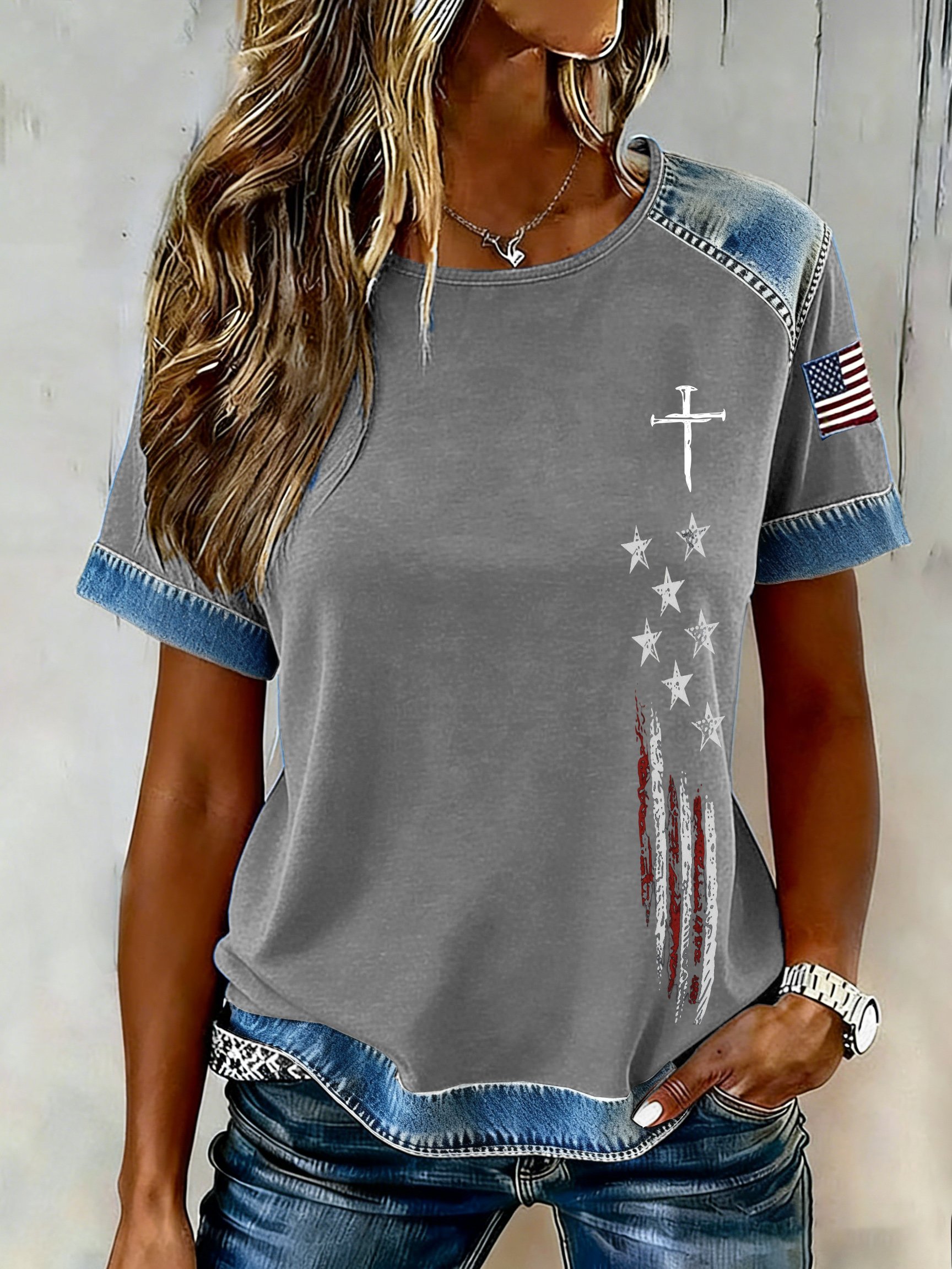 Women's casual retro flag-themed T-shirt