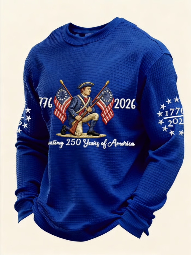 Men's Vintage American Flag Print Top - 250th Anniversary (1776-2026) Patriotic Soldier Embroidery Waffle Knit Long Sleeve Crew Neck Casual Tee