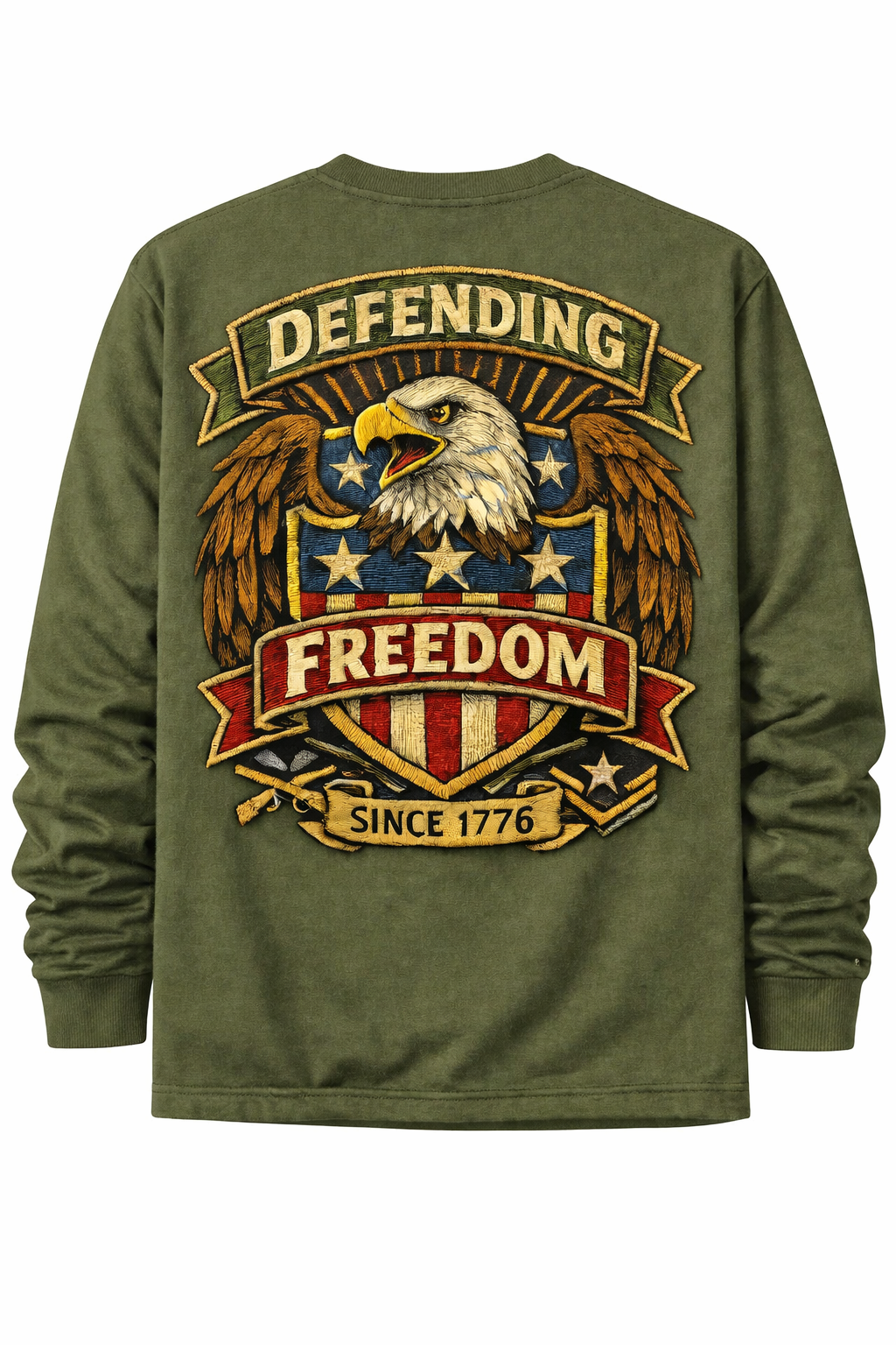 Men’s 250th Anniversary Patriotic Long Sleeve T-Shirt – Retro Military Patch Eagle Shield “Defending Freedom Since 1776”