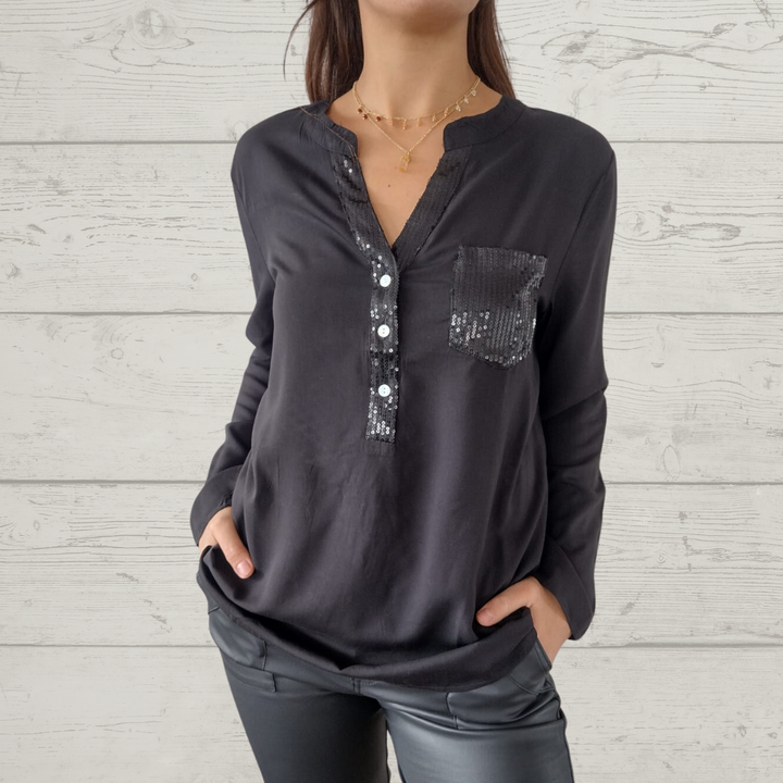 Sequin Patchwork V-neck Shirt