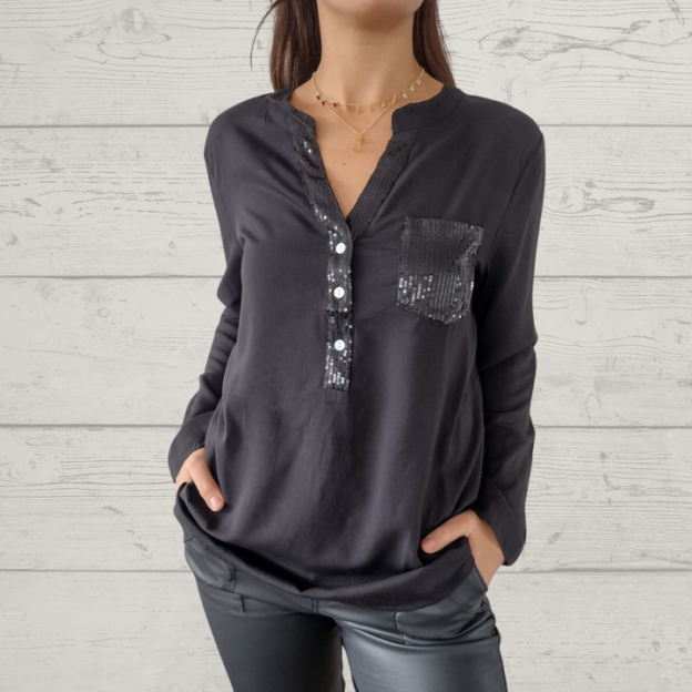 Sequin Patchwork V-neck Shirt