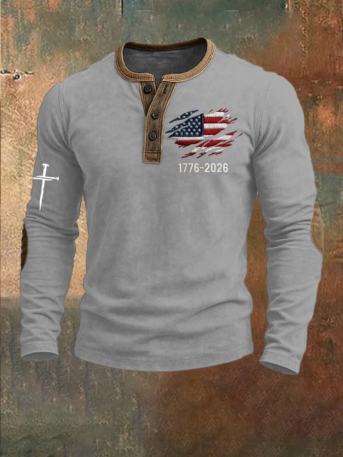 Men's US 250th Anniversary 1776-2026 Henley Collar Top – Distressed Flag Print & Cross Detail Long Sleeve Shirt