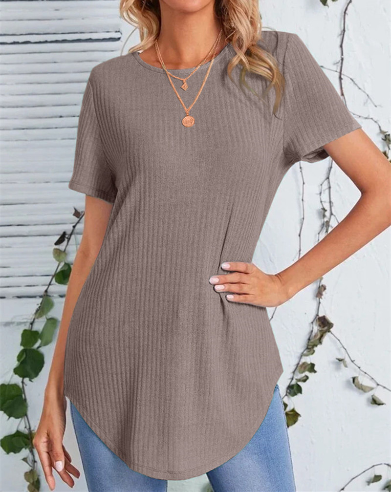 Buttoned Back Rib-knit Curved Hem Top