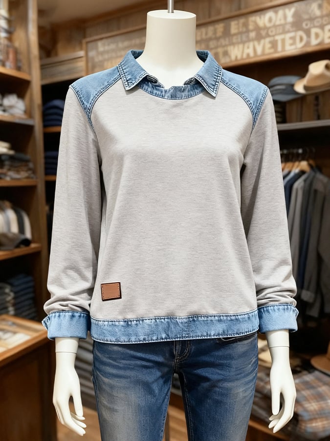 Women'S Casual Lapel Denim Stitching Pullover Sweatshirt