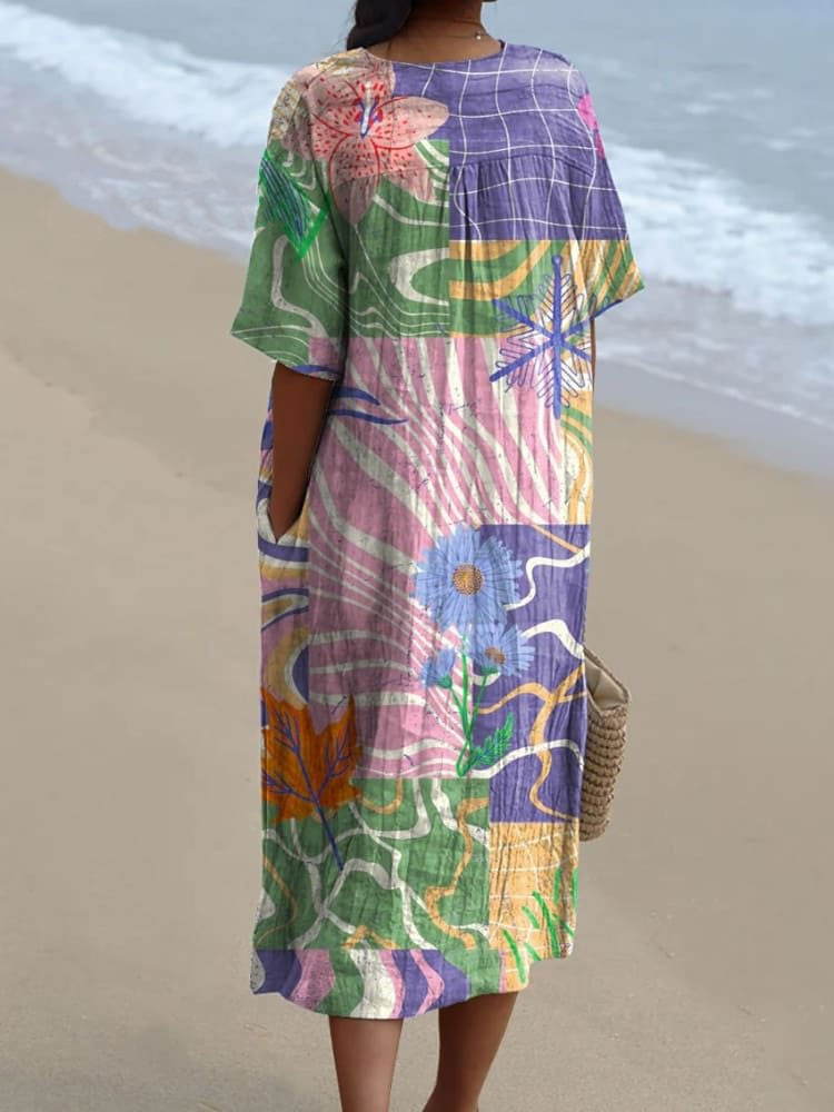 Women's Vintage Lovely Floral Art Print Flowy Dress