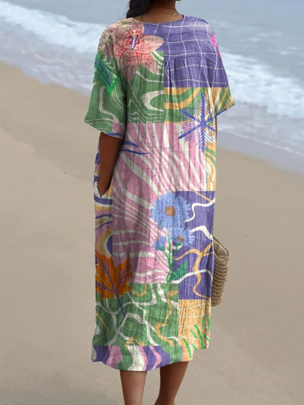 Women's Vintage Lovely Floral Art Print Flowy Dress