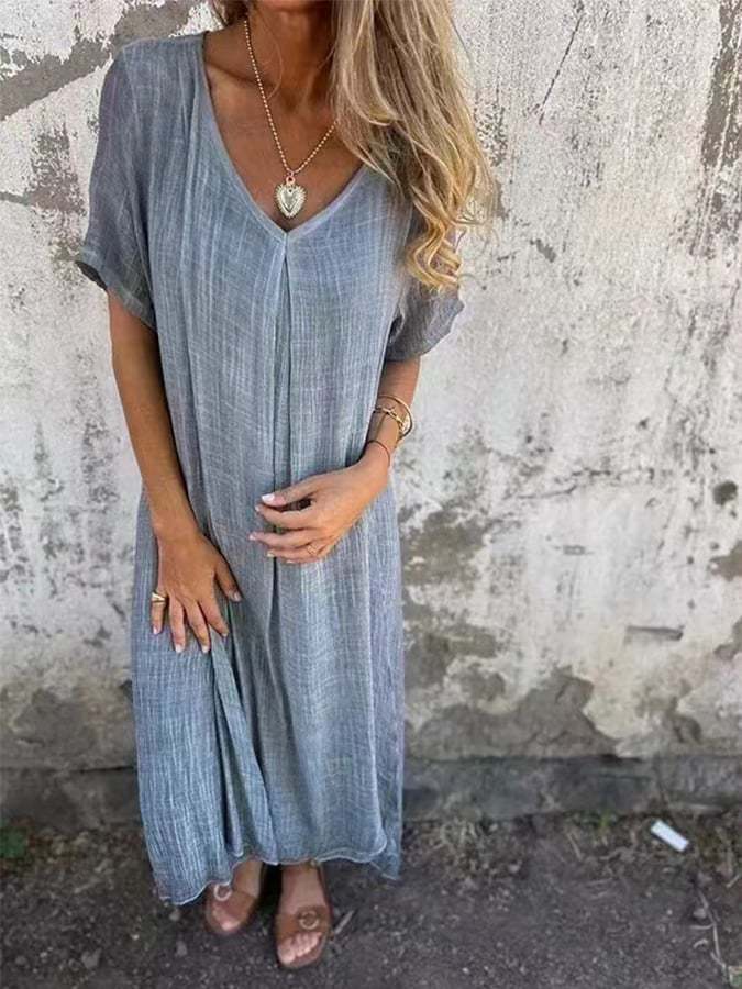 Women'S Solid Color V-Neck Linen Dress