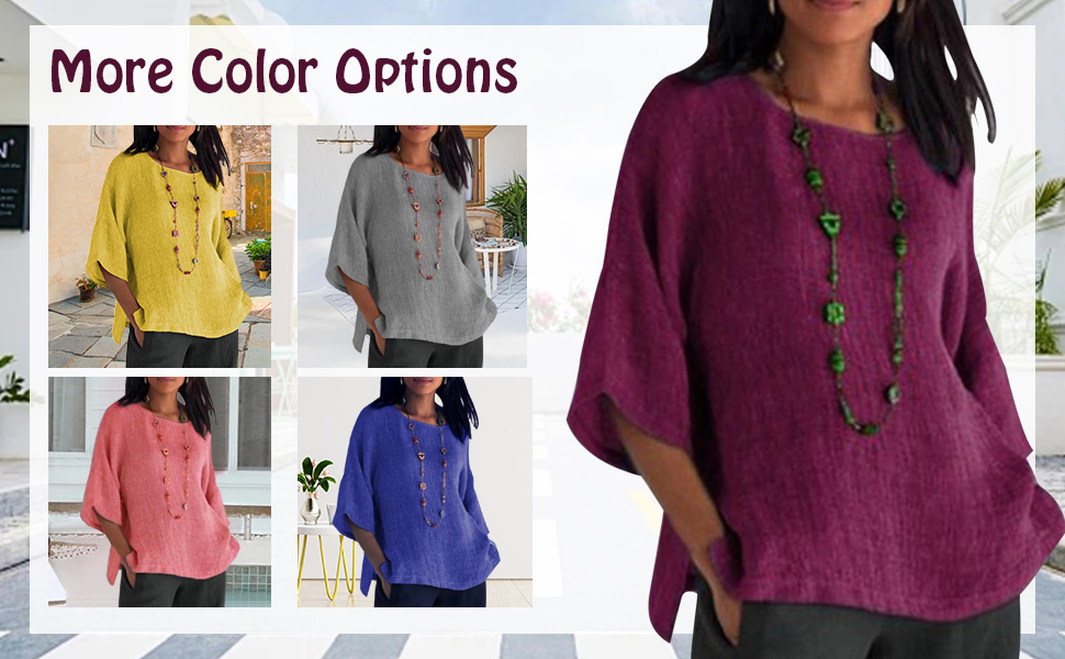 Womens Summer Fashion Split Side Blouse Casual Long Sleeve Crew Neck Loose Shirts Plus Size