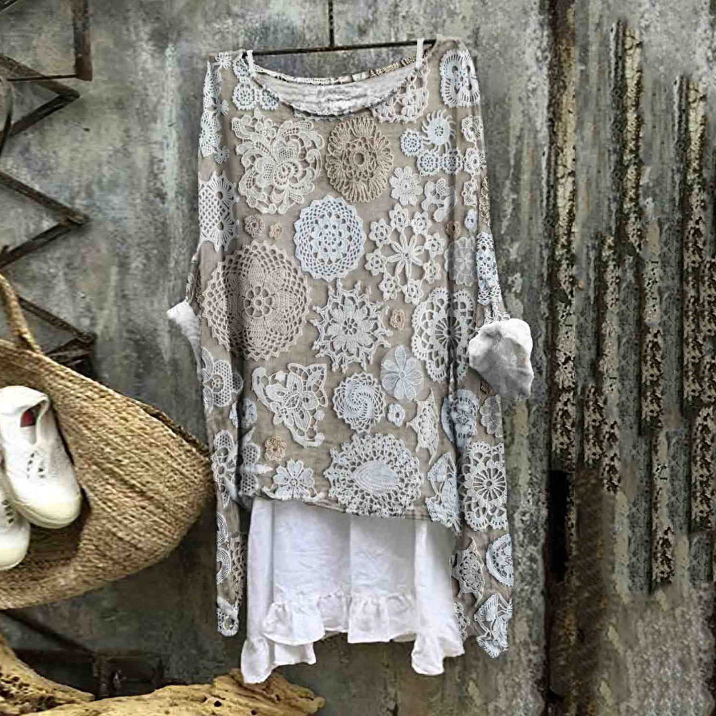 Vintage Floral Lace Embroidered Linen Blend Flowy Tunic