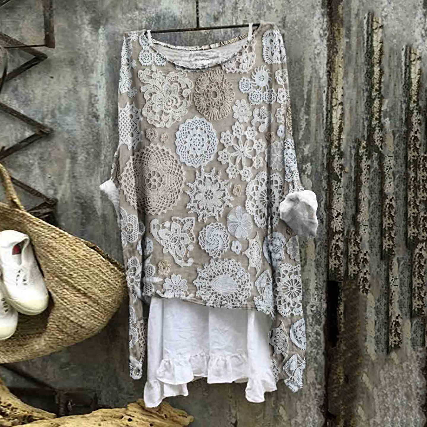 Vintage Floral Lace Embroidered Linen Blend Flowy Tunic