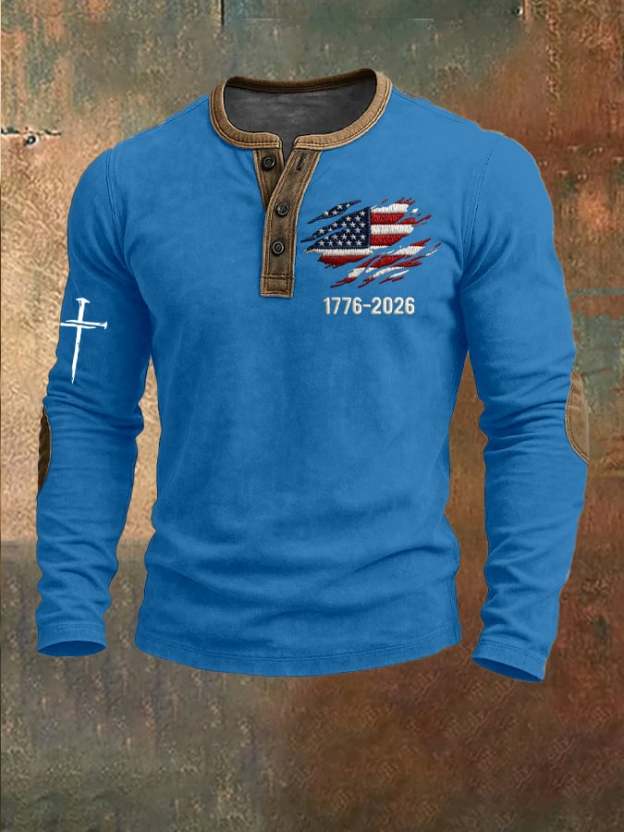Men's US 250th Anniversary 1776-2026 Henley Collar Top – Distressed Flag Print & Cross Detail Long Sleeve Shirt