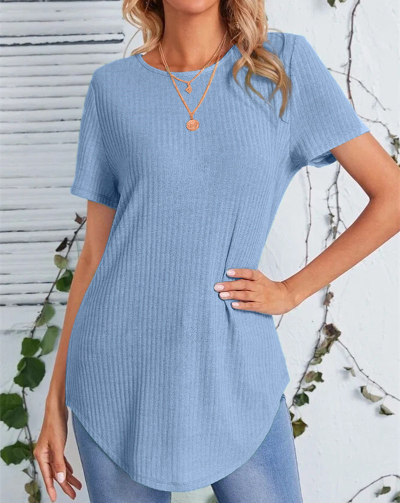 Buttoned Back Rib-knit Curved Hem Top