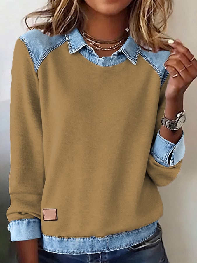 Women'S Casual Lapel Denim Stitching Pullover Sweatshirt