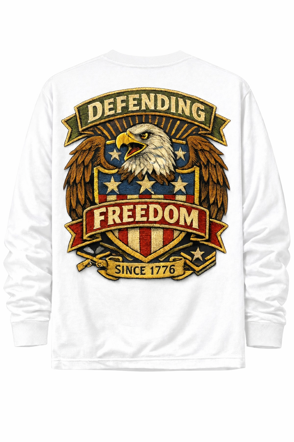 Men’s 250th Anniversary Patriotic Long Sleeve T-Shirt – Retro Military Patch Eagle Shield “Defending Freedom Since 1776”