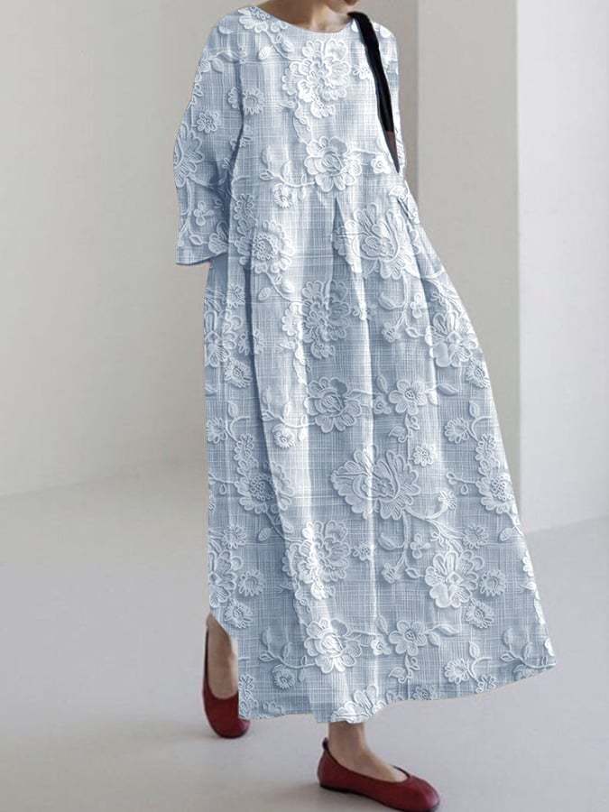 Women's Cotton And Linen Pink Lace Print Dress