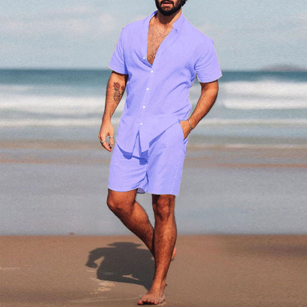 2025 summer men's new lapel short-sleeved shorts two-piece suit