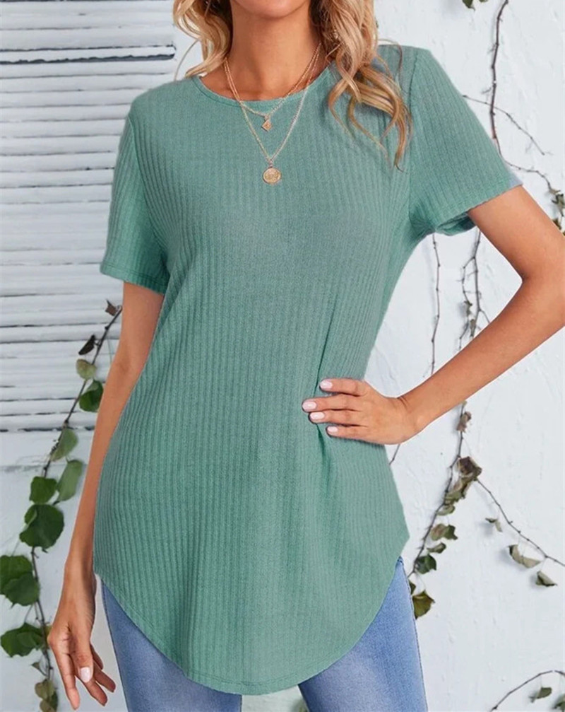 Buttoned Back Rib-knit Curved Hem Top