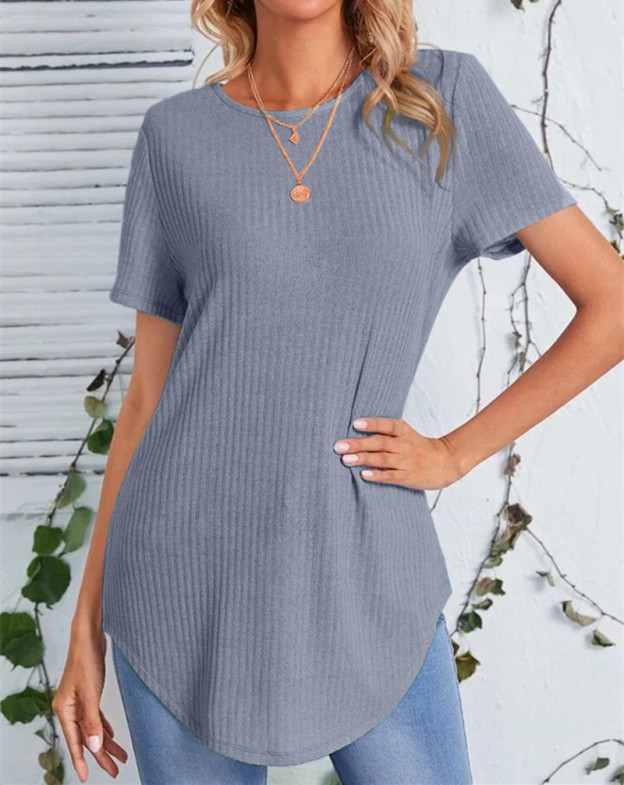 Buttoned Back Rib-knit Curved Hem Top