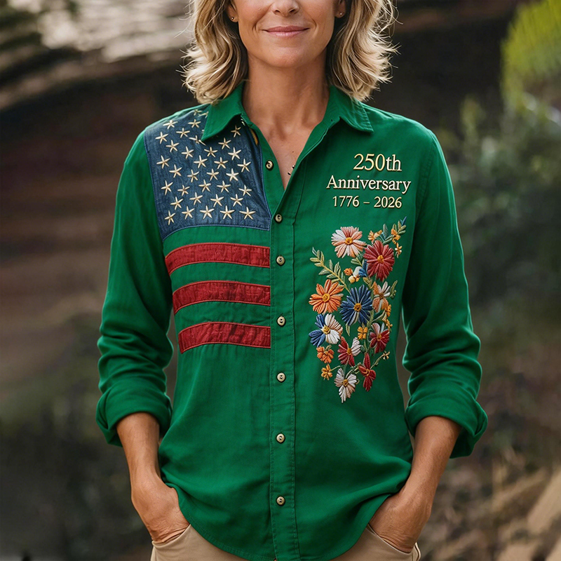 Women's 250th Anniversary American Flag Floral Embroidered Button-Up Shirt