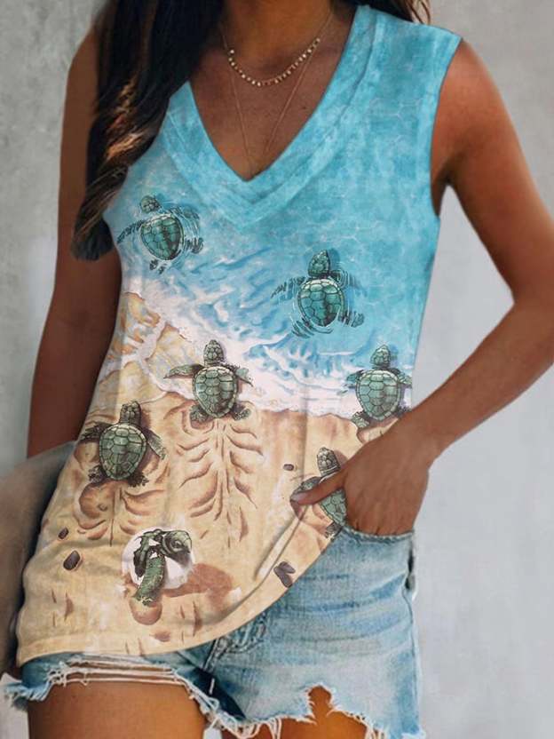 Buy 3 Get 15% Off Women's Sea Turtle Print Sleeveless Tank Top