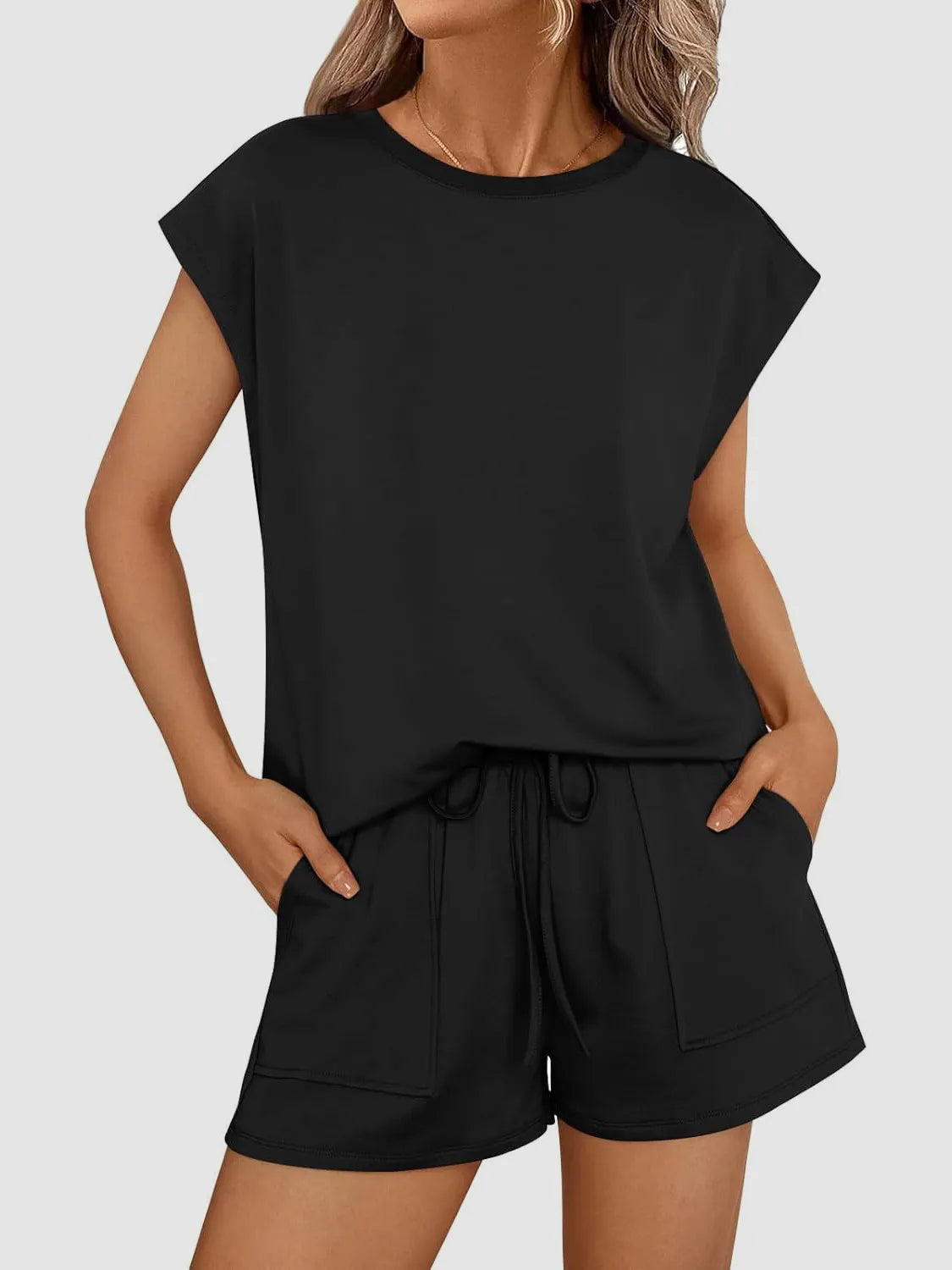 Round Neck Cap Sleeve Top and Shorts Set