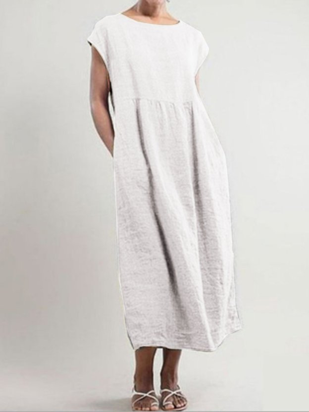 Greattioa-Solid color sleeveless loose cotton and linen pocket dress